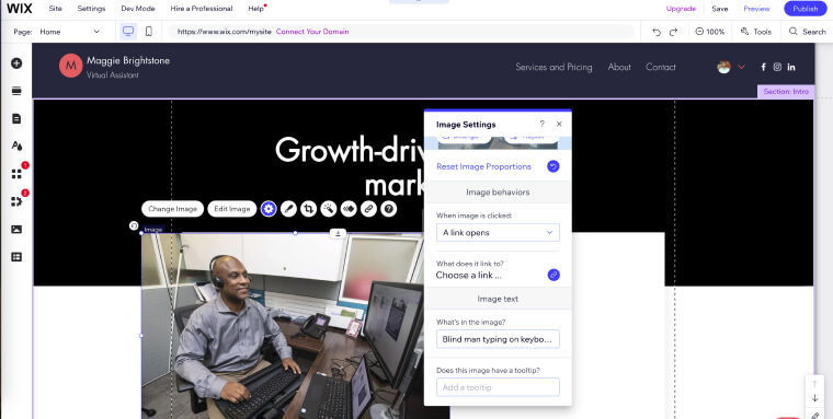 Screenshot of the image settings window activated in the Editor. Alt text can be added to the field under 'What's in the image?'